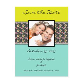 Lime Fuchsia & Aqua Paisley Photo Save The Date postcard