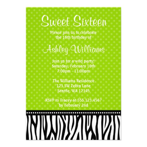 Lime Green and Black Zebra Polka Dot Sweet 16 Custom Invite