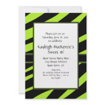 Lime Green and Black Zebra Stripes Sweet 16 Invita Invitations