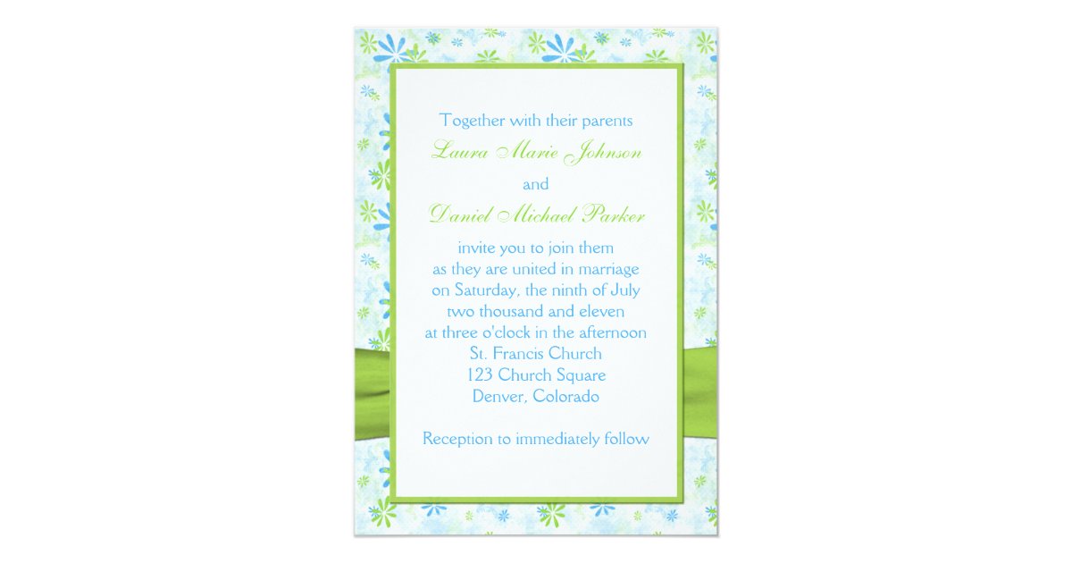 Lime Green and Blue Floral Wedding Invitation Zazzle