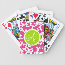 Lime Green and Pink Monogrammed Damask Print Card Deck