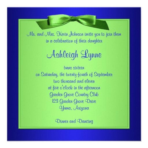Lime Green and Royal Blue Sweet Sixteen Invitation