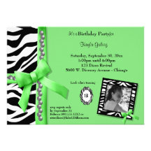 Lime Green And Zebra Striped Birthday Party Invite