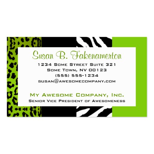 Lime Green & Black Animal Print Zebra and Leopard Business Cards (front side)