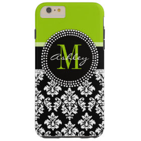 Lime Green Black Damask Pattern Monogrammed Tough iPhone 6 Plus Case