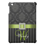 LIME GREEN, BLACK GREY DAMASK MONOGRAM COVER FOR THE iPad MINI