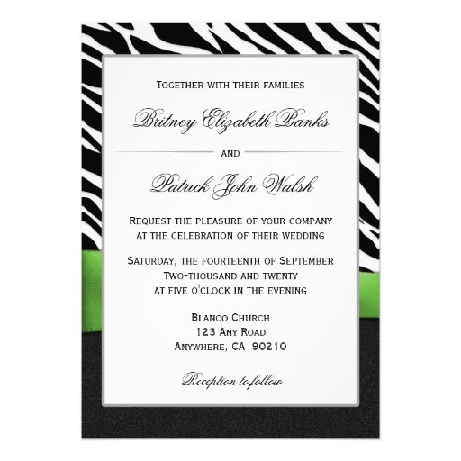 Lime Green Black White Zebra Wedding Invitations