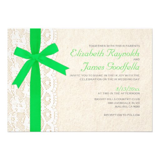 Lime Green Bow & Lace Wedding Invitations