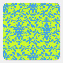lime green bright blue bird damask pattern square stickers