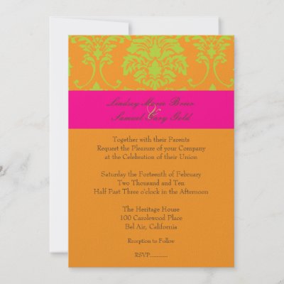 Pink  Orange Wedding Invitations on Lime Green Damask Hot Pink Orange Personalized Announcement By Classic