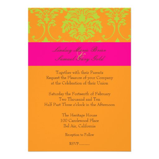 Lime Green Damask/hot pink/orange Personalized Announcement