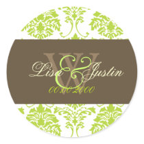 Lime green Damask monogram wedding stickers