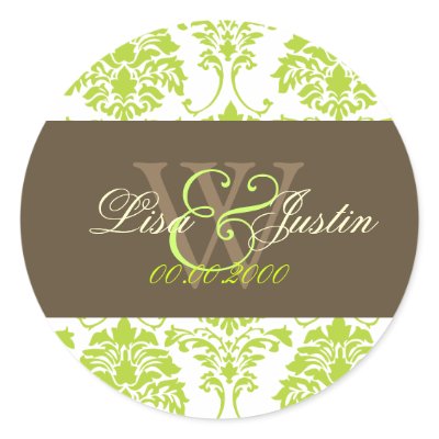 Lime green Damask monogram wedding stickers