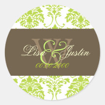 Lime green Damask monogram wedding stickers