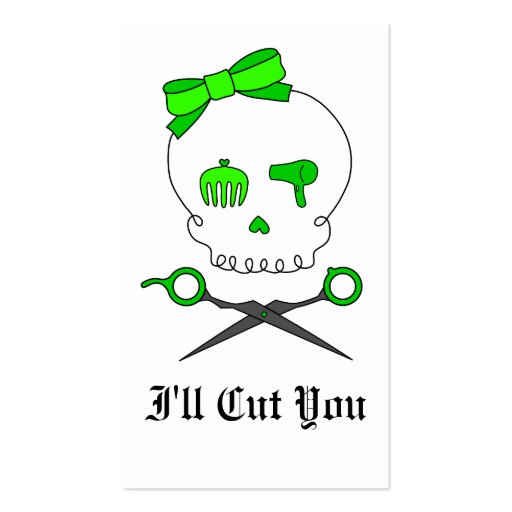 Lime Green Hair Stylist Skull & Scissor Crossbones Business Card (front side)