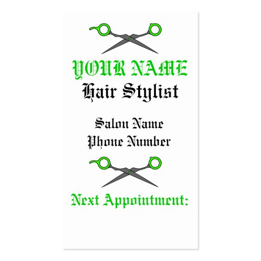 Lime Green Hair Stylist Skull & Scissor Crossbones Business Card (back side)