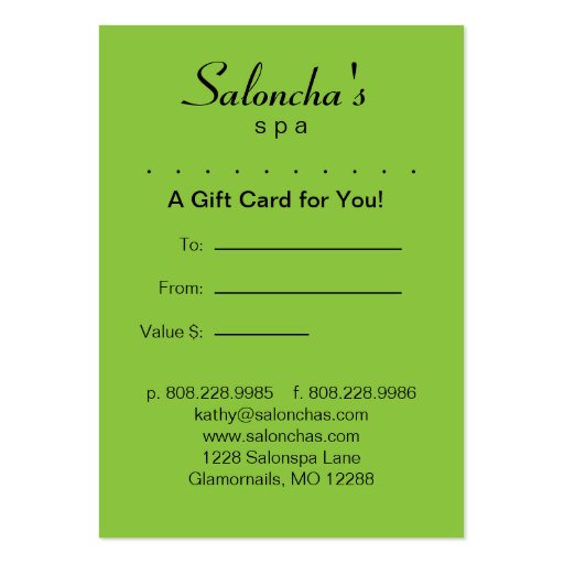 Lime green Leaf Salon Spa Gift Card Certificate Business Card Templates (back side)