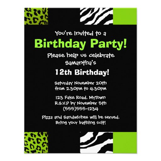 Lime Green Leopard and Zebra Animal Print Party Custom Invites
