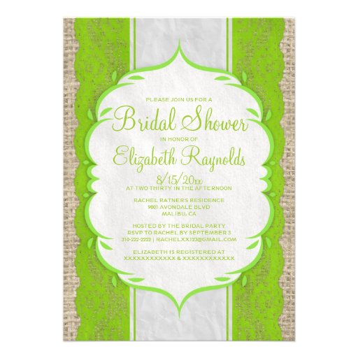 Lime Green Linen Burlap Lace Bridal Shower Invites