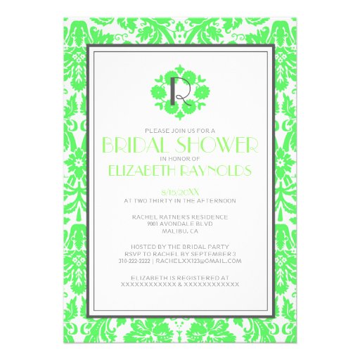 Lime Green Monogram Damask Bridal Shower Invites