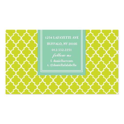 Lime Green Moroccan Tiles Lattice Personalized Business Card Templates (back side)
