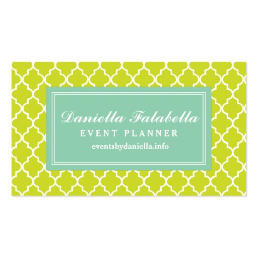 Lime Green Moroccan Tiles Lattice Personalized Business Card Templates (front side)