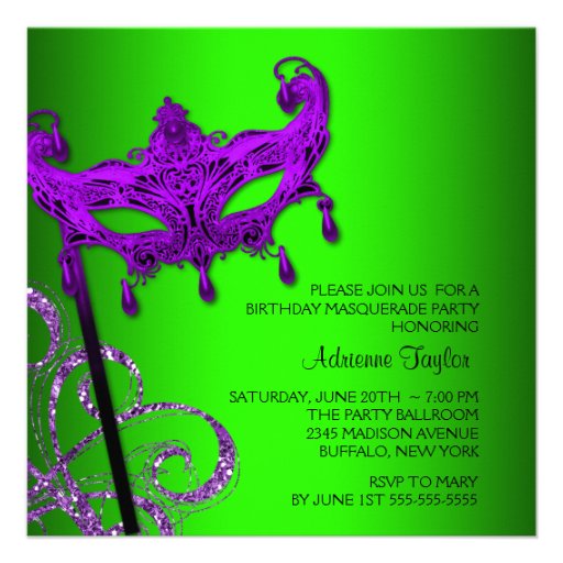 Lime Green Purple Masquerade Party Invitations