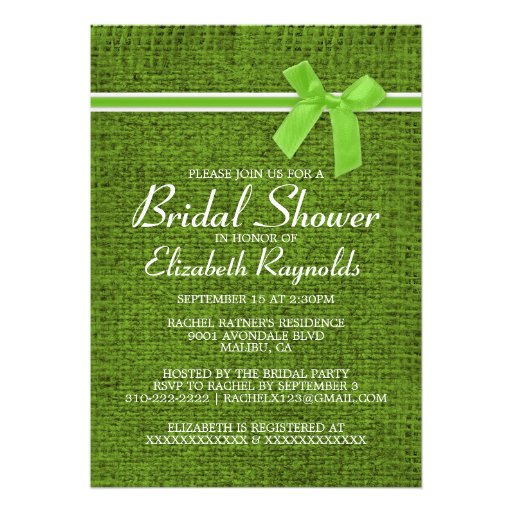Lime Green Rustic Burlap Bridal Shower Invitations