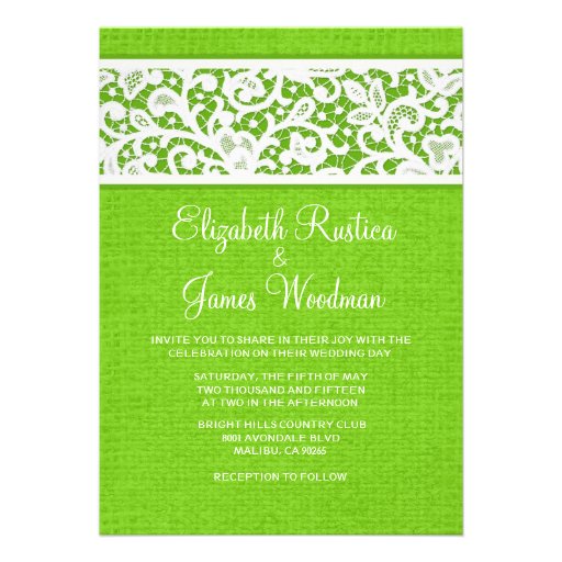 Lime Green Rustic Burlap Linen Wedding Invitations