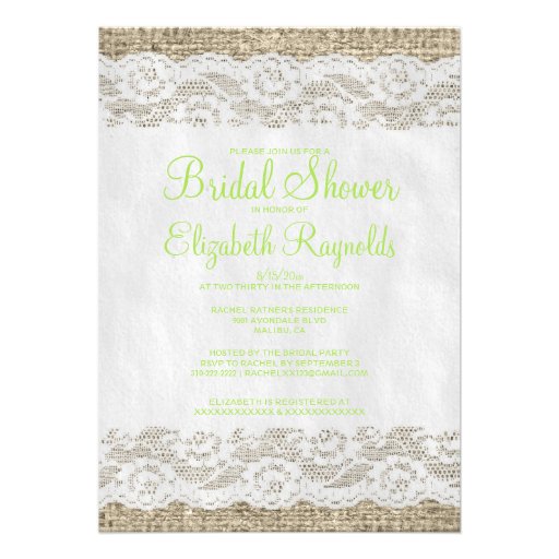 Lime Green Rustic Lace Bridal Shower Invitations