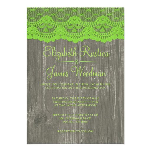 Lime Green Rustic Lace & Wood Wedding Invitations