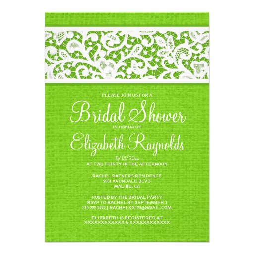 Lime Green Rustic Linen Bridal Shower Invitations