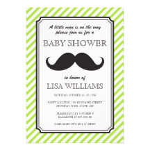 Lime green stripes retro mustache bash baby shower personalized announcements