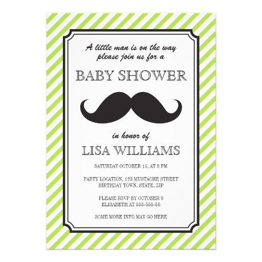 Lime green stripes retro mustache bash baby shower personalized announcements