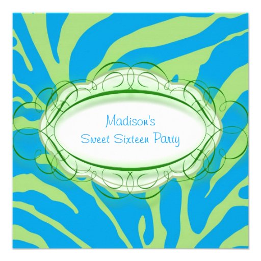 Lime Green Teal Blue Zebra Sweet 16 Party Invitations