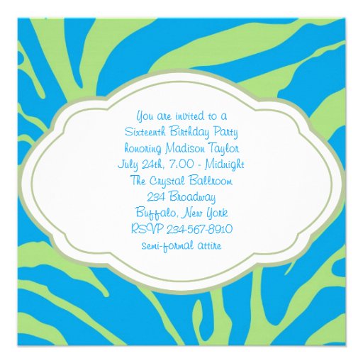 Lime Green Teal Blue Zebra Sweet 16 Party Invitations