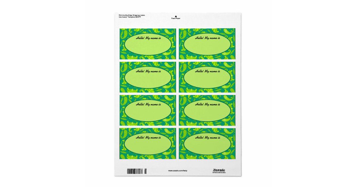 Lime Green & Teal Paisley Name Tag Label Zazzle