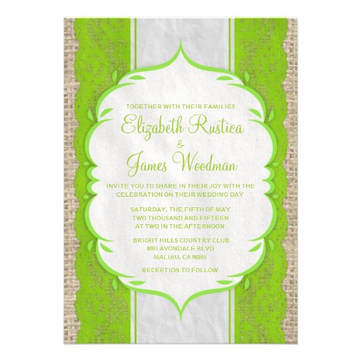 Lime Green Vintage Linen Burlap Wedding Invitation