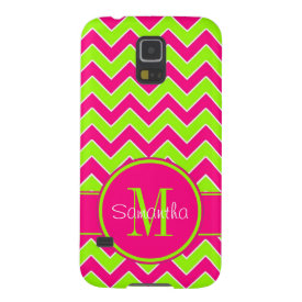 Lime Green w/ Pink Chevron Pattern Custom Monogram Galaxy S5 Cover