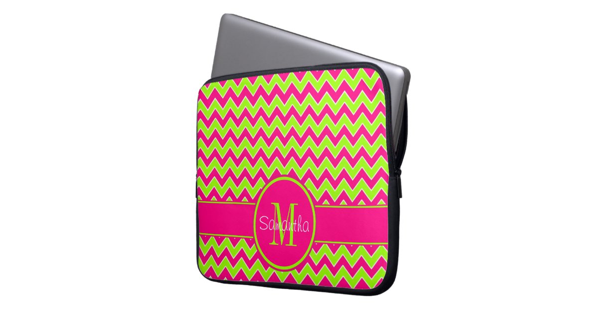 Lime Green w/ Pink Chevron Pattern Custom Monogram Laptop Computer