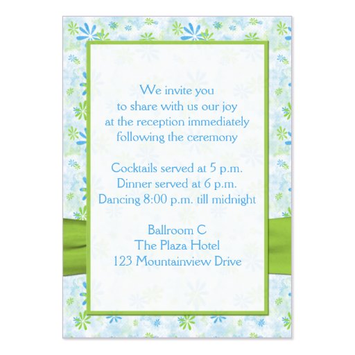 Lime Green,White, and Blue Floral Enclosure Card Business Card Templates (back side)