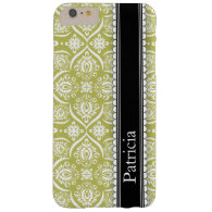 Lime Green White Damask Pattern Personalized Name Barely There iPhone 6 Plus Case