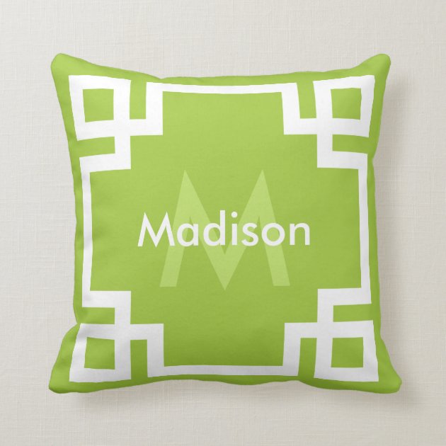 Lime Green White Greek Key Monogram Pillows