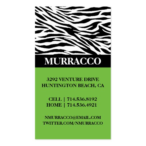 Lime Green Wild Zebra Print Mommy Calling Card / Business Card Templates (back side)
