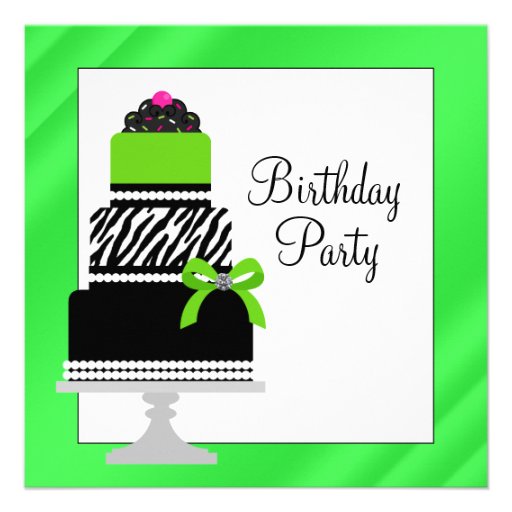 Lime Green Zebra Cake Cupcake Birthday Party Custom Invite