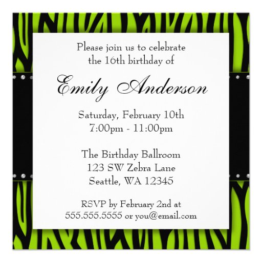 Lime Green Zebra Diamonds Sweet 16 Birthday Personalized Invitation