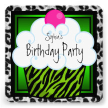 Lime Green Zebra Girls Cupcake Birthday Party Invite