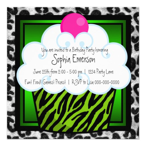 Lime Green Zebra Girls Cupcake Birthday Party Invite