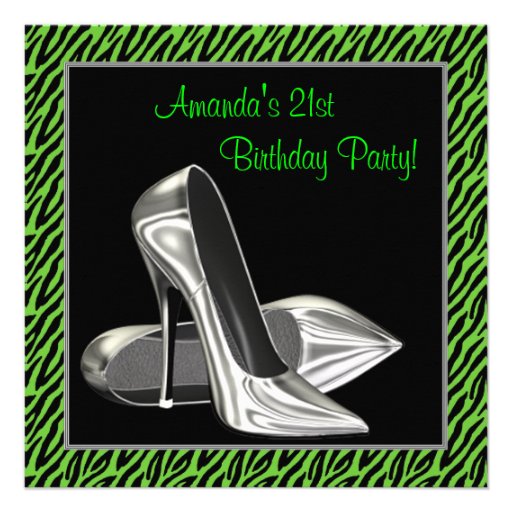 Lime Green Zebra High Heels Birthday Party Personalized Invite ...