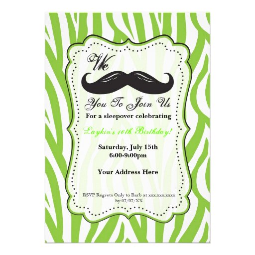 Lime Green Zebra Mustache Birthday Party Invite